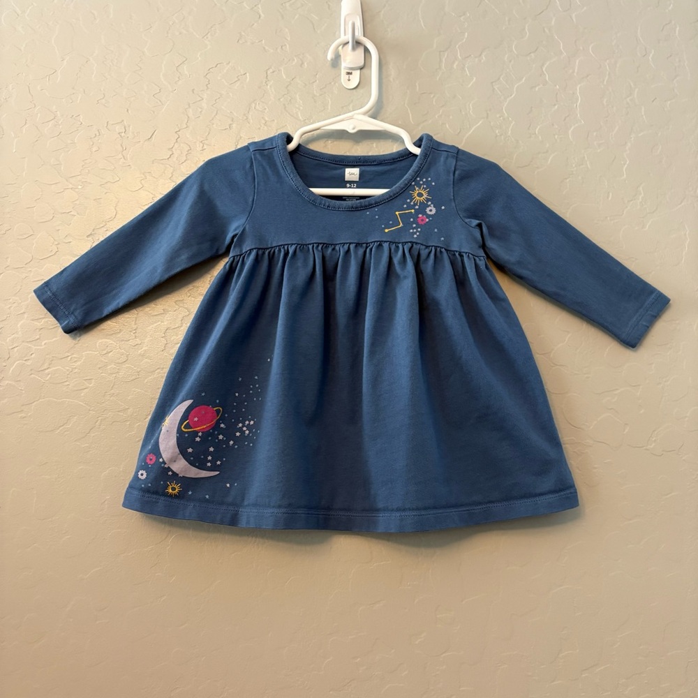Tea Collection blue long sleeve cotton dress with planet, moon stars 9-12 months